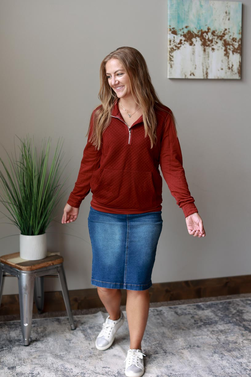 This mid-weight Wine Quilted Front Quarter Zip Sweatshirt is your perfect companion - whether you're running errands, checking off your to-do list, or hitting up the daycare drop-off line - it's comfy, cute, flexible and ready to go! Classy CLoset Online Women's Boutique for Modest Fashion Near Me