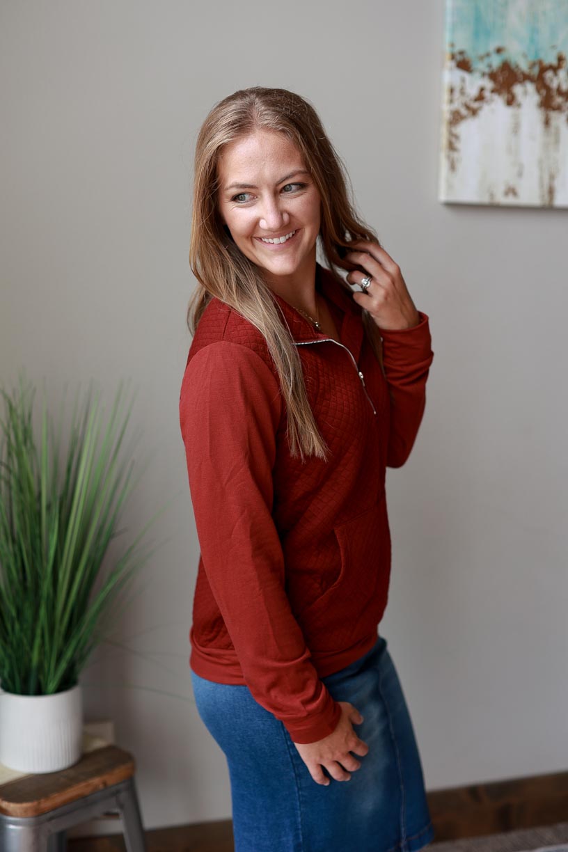 This mid-weight Wine Quilted Front Quarter Zip Sweatshirt is your perfect companion - whether you're running errands, checking off your to-do list, or hitting up the daycare drop-off line - it's comfy, cute, flexible and ready to go! Classy CLoset Online Women's Boutique for Modest Fashion Near Me