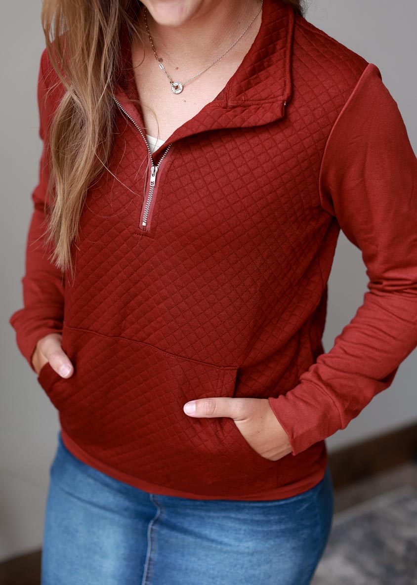 This mid-weight Wine Quilted Front Quarter Zip Sweatshirt is your perfect companion - whether you're running errands, checking off your to-do list, or hitting up the daycare drop-off line - it's comfy, cute, flexible and ready to go! Classy CLoset Online Women's Boutique for Modest Fashion Near Me