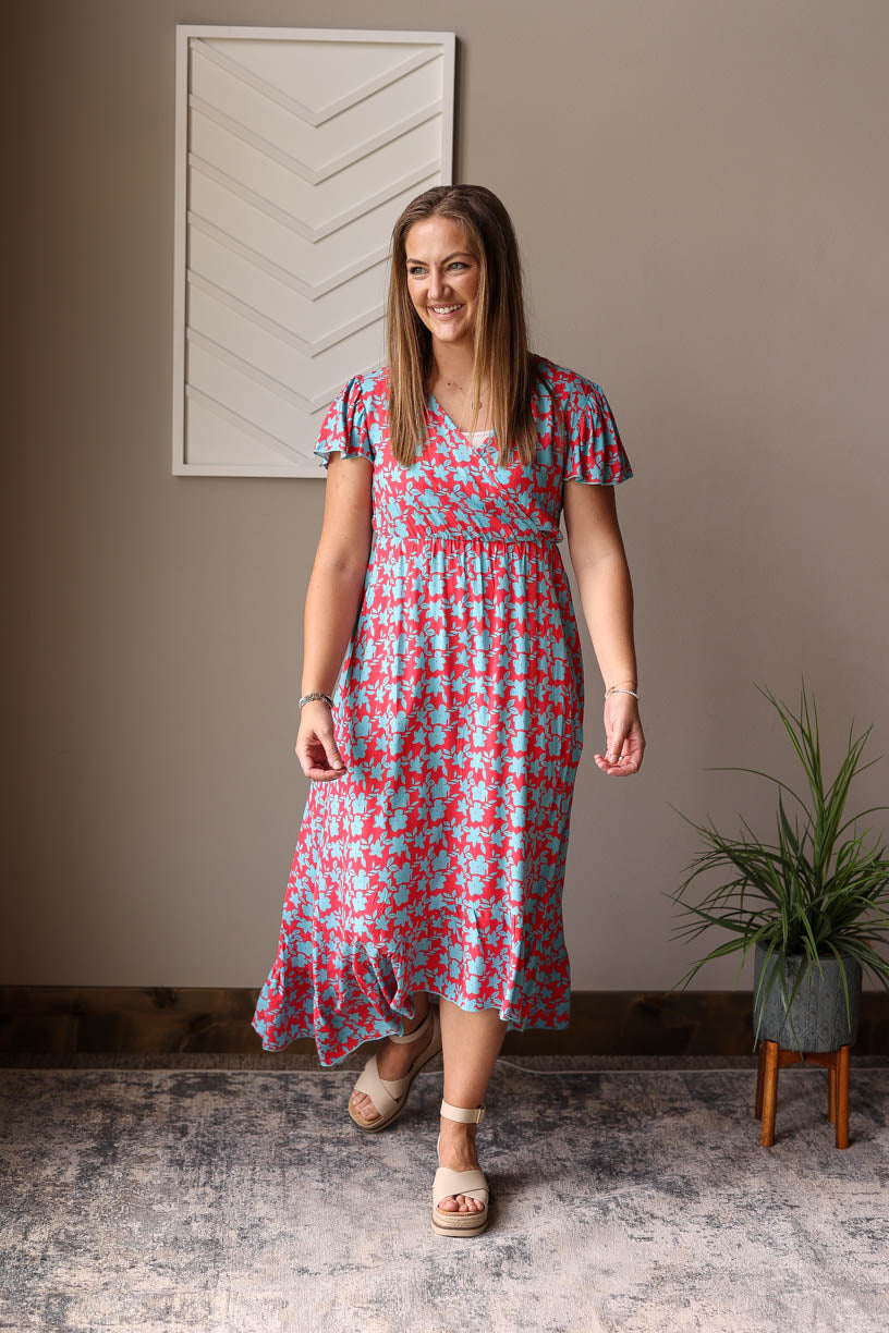 Red V-Neck Floral Maxi Dress