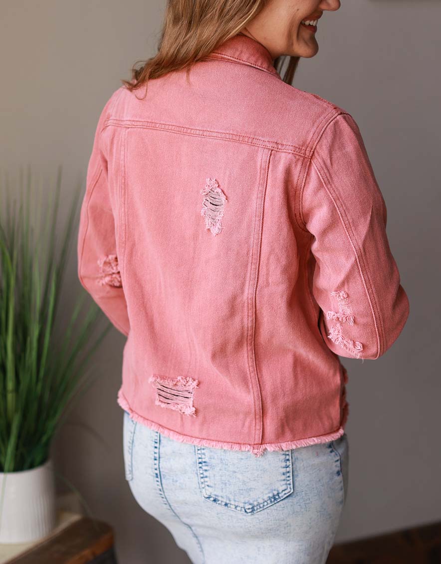 Faded Red Distressed Denim Jacket for Women | Casual Chic Style Modest Fashion at Classy Closet Online Boutique