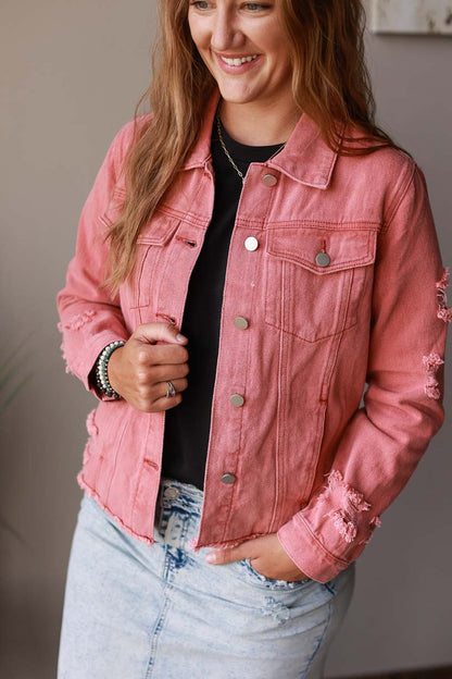 Faded Red Distressed Denim Jacket for Women | Casual Chic Style Modest Fashion at Classy Closet Online Boutique