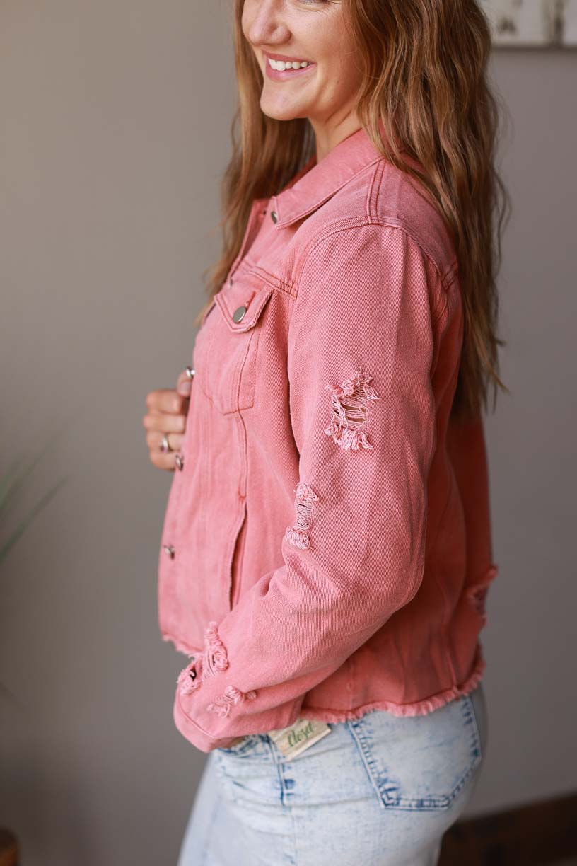 Faded Red Distressed Denim Jacket for Women | Casual Chic Style Modest Fashion at Classy Closet Online Boutique