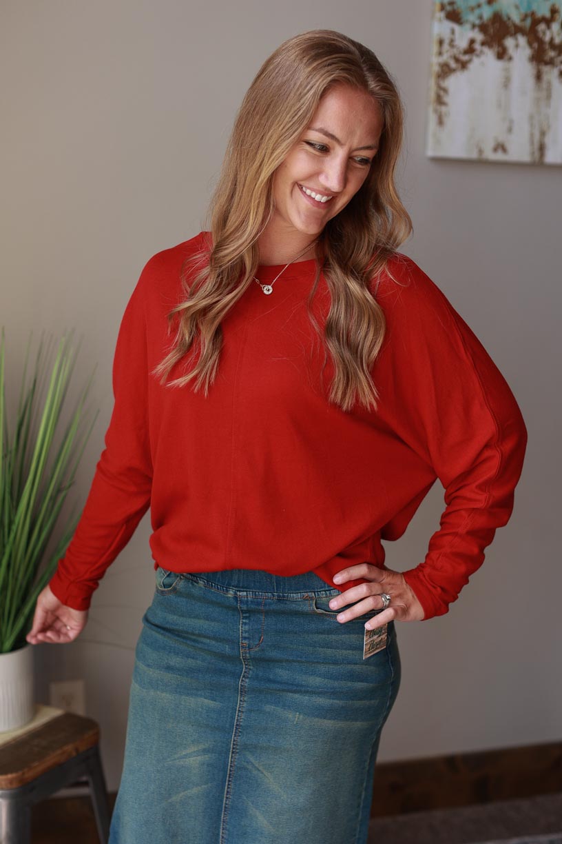 This red patchwork top is a modern classic. Its dark red color is timeless, and its seam detailing adds subtle chic vibes. Made from soft, cozy fabric, it's a wardrobe staple that is comfortable and adaptable. Available in sizes S-2XL PLUS.