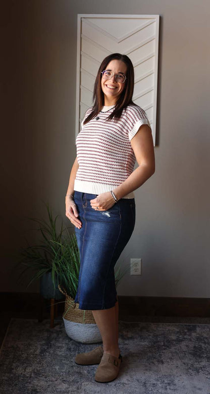 Brick Red Stripe Ribbed Sweater