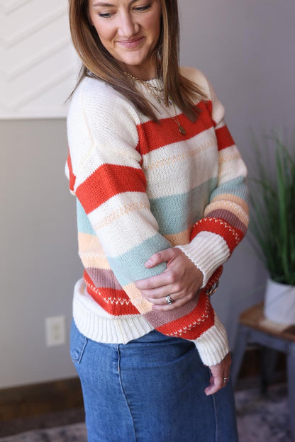 Keep cozy and happy with this fun, Drop Shoulder Striped Colorblock Sweater. The amazingly soft fabric gives you amazing comfort (with NO scratchiness), while the bright colors bring fun style to your workday. Classy Closet Online Women's Boutique CLothing Store