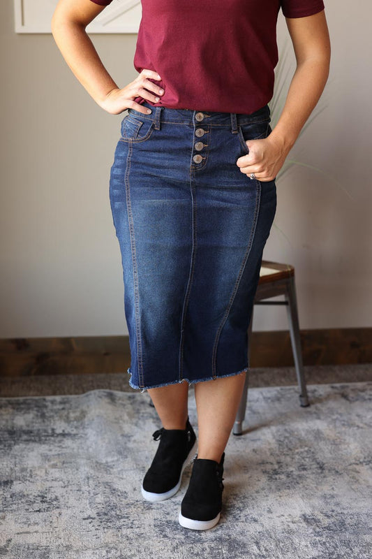 Scarlett Button Fly Midi Denim Skirt for Women's Modest Fashion Skirts at Classy Closet Online Boutique