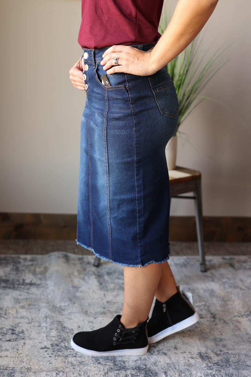 Scarlett Button Fly Midi Denim Skirt