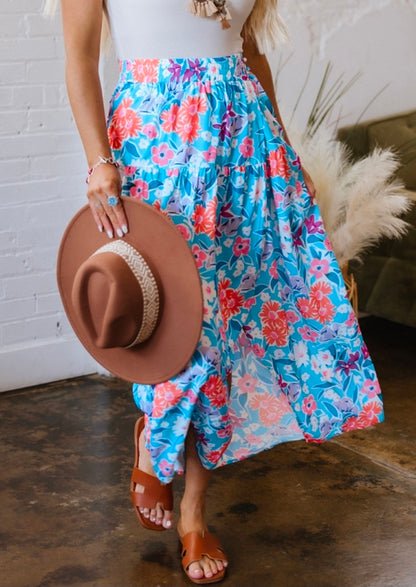Blue Coral Floral Split Wrap Maxi Skirt