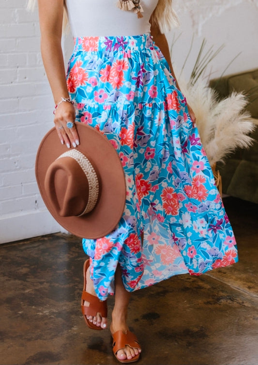 Blue Coral Floral Split Wrap Maxi Skirt