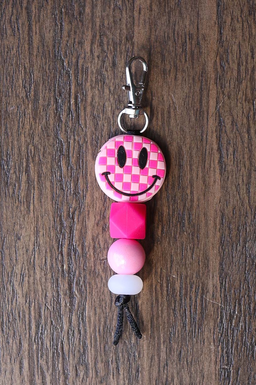 Checkered Smiley Silicone Bead Keychain