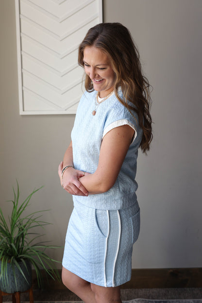 Sky Blue Textured Crewneck Top And Skirt Set