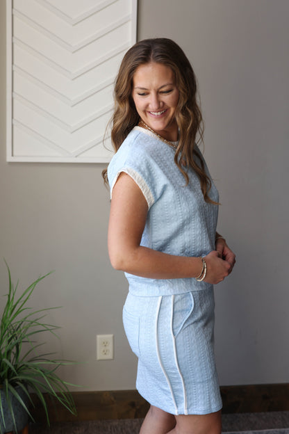 Sky Blue Textured Crewneck Top And Skirt Set