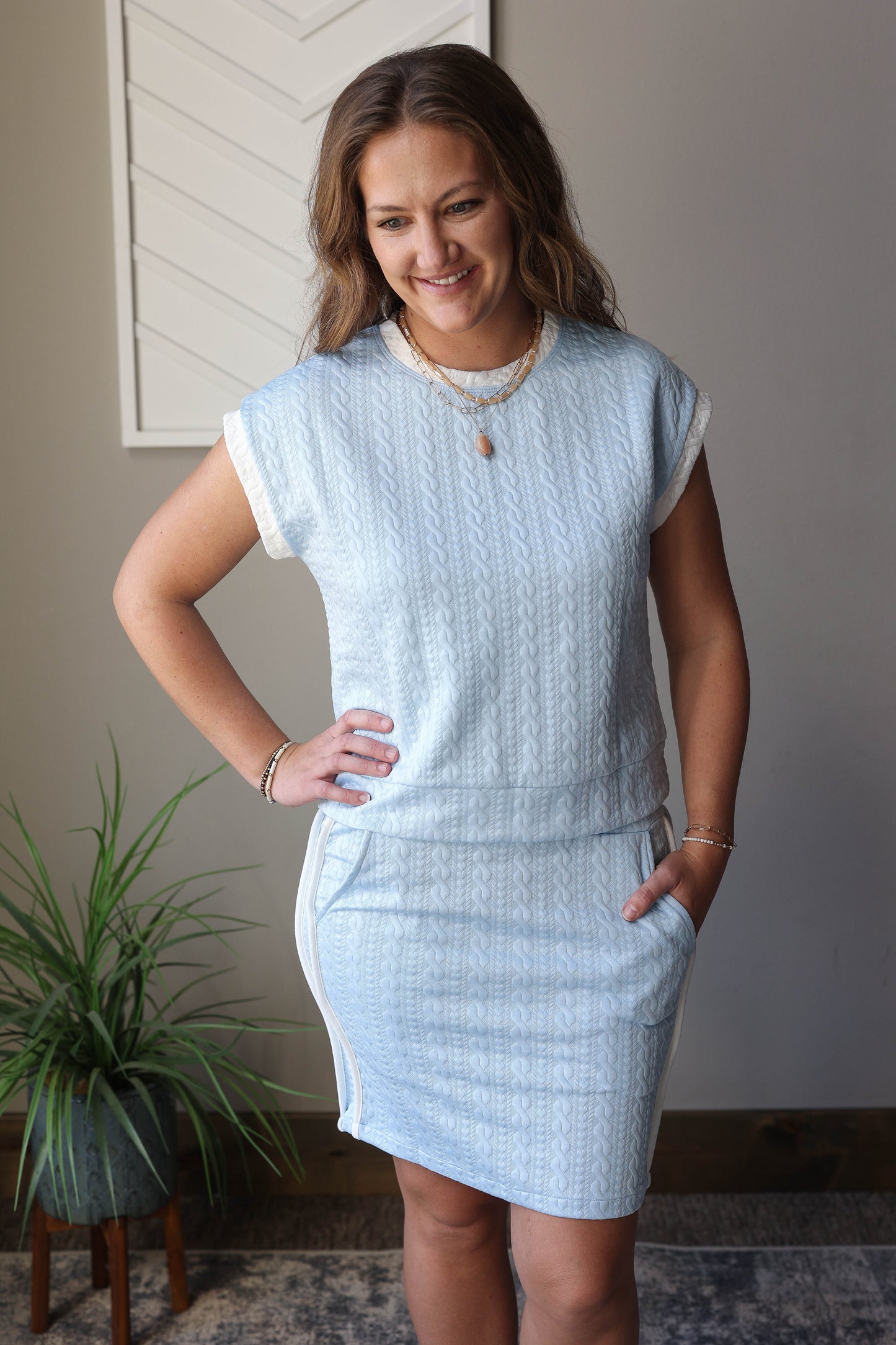 Sky Blue Textured Crewneck Top And Skirt Set