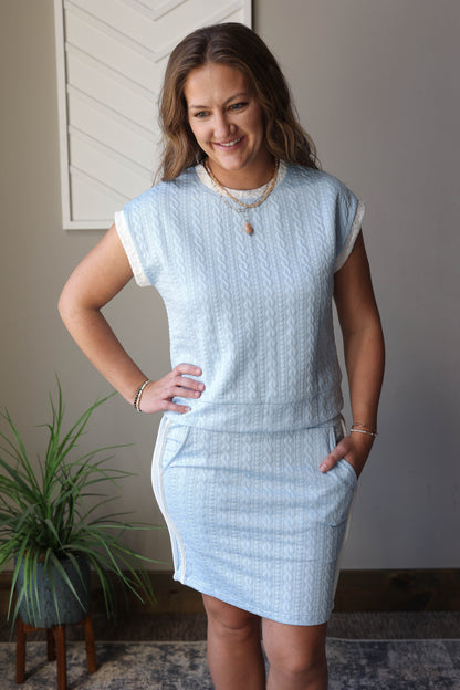 Sky Blue Textured Crewneck Top And Skirt Set