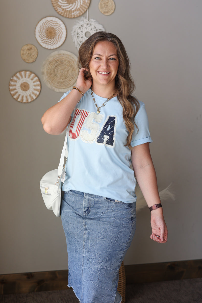 sky blue USA lace detail short sleeve top wtih tidal wash americana denim skirt