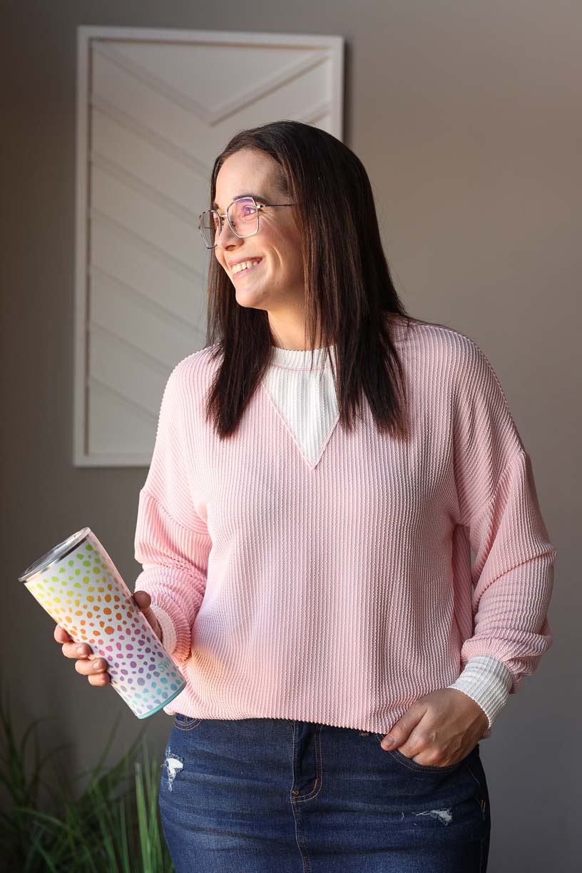 Coral Pink Corded Colorblock Top, S-2XL PLUS