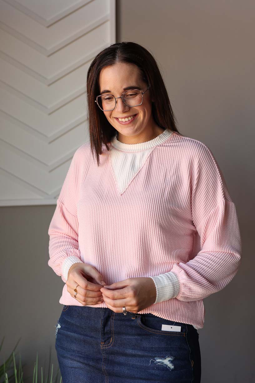 Coral Pink Corded Colorblock Top, S-2XL PLUS