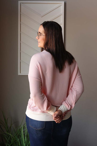 Coral Pink Corded Colorblock Top, S-2XL PLUS