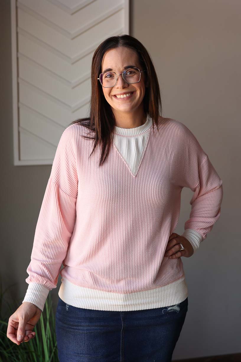 Coral Pink Corded Colorblock Top, S-2XL PLUS