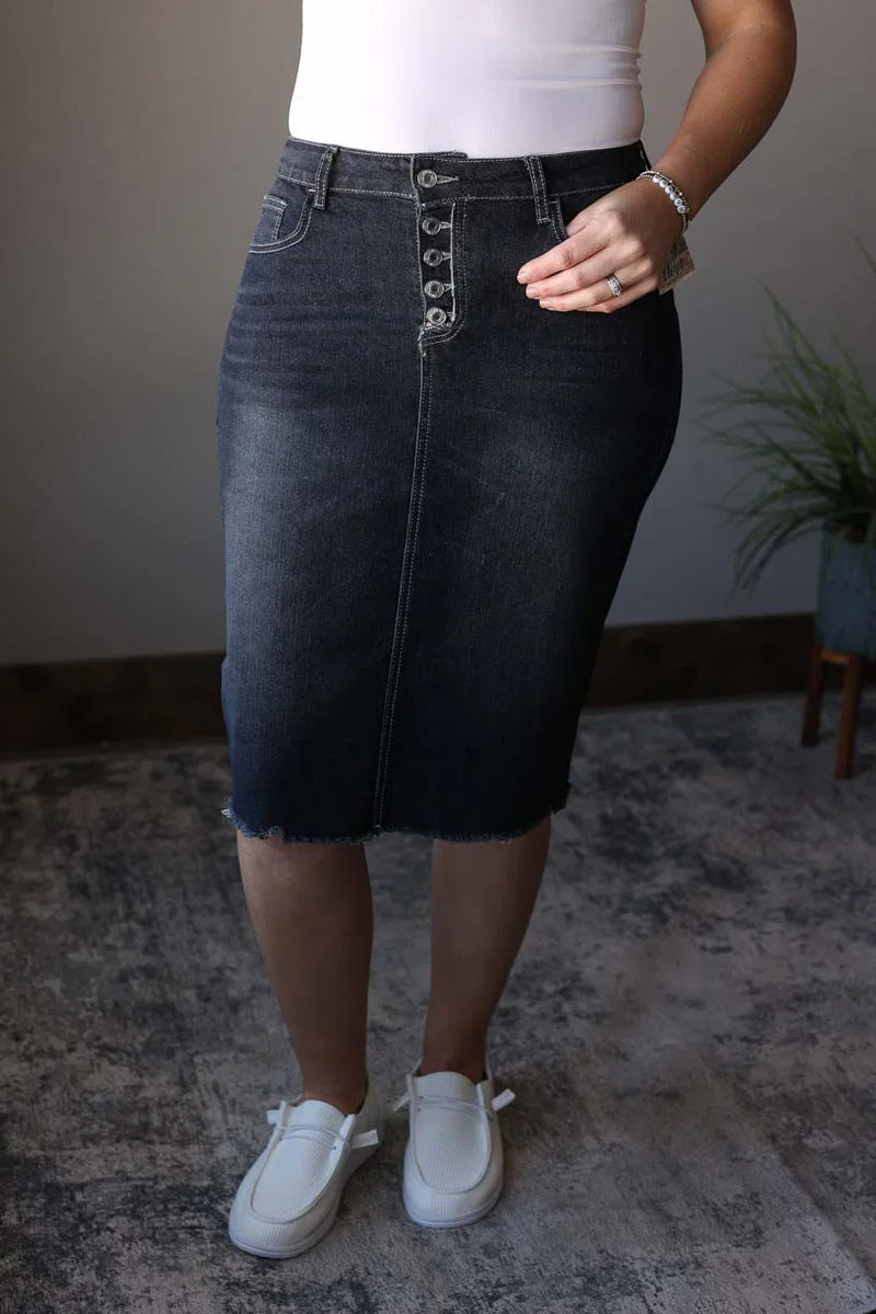 Fray Button Fly Midi Denim Skirt Classy Closet Modest Clothing – ️💙 ...