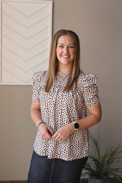 Khaki Leopard Smocked Neck Top