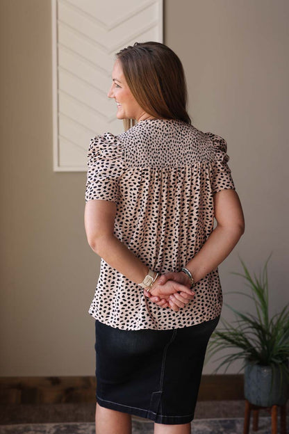 Khaki Leopard Smocked Neck Top