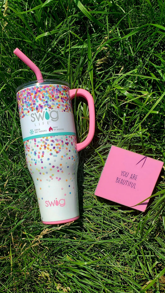 Silicone, Non-Slip Bottom Base, Hot for 3+ hours, Cold for 24+ hours, Triple Insulated Technology, Dishwasher Safe, Cup Holder Friendly! SWIG Confetti Tumbler at Classy Closet Boutique