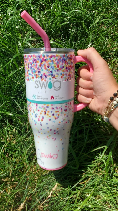 Silicone, Non-Slip Bottom Base, Hot for 3+ hours, Cold for 24+ hours, Triple Insulated Technology, Dishwasher Safe, Cup Holder Friendly! SWIG Confetti Tumbler at Classy Closet Boutique