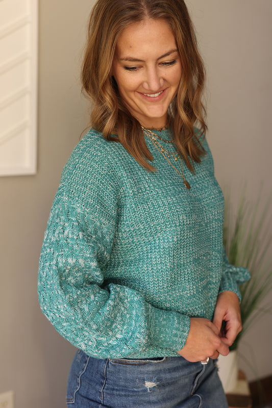 teal heather balloon sleeve sweater! Made from a cozy quality material, this cute sweater offers a great fit and balloon sleeves for effortless, on-the-go style - perfect for busy moms or teachers. Classy Closet online women's boutique clothing