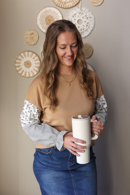 Camel Floral Striped Patchwork Ruffled Sleeve Sweatshirt