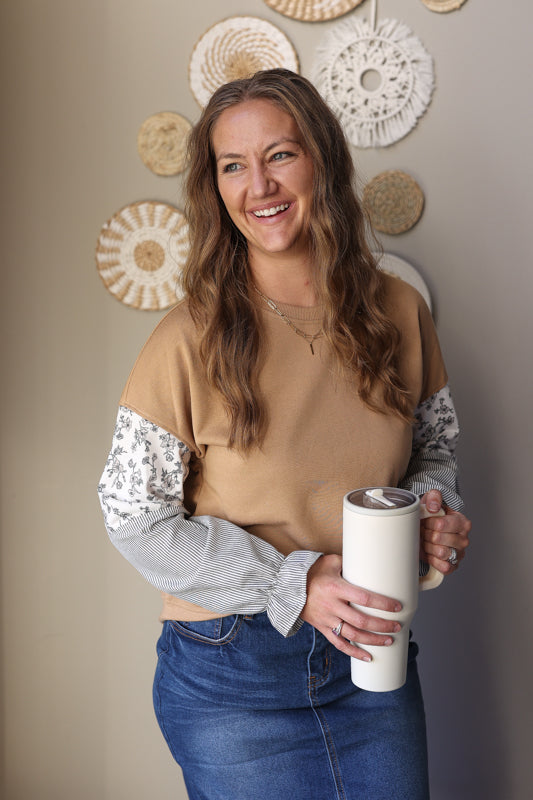 Camel Floral Striped Patchwork Ruffled Sleeve Sweatshirt