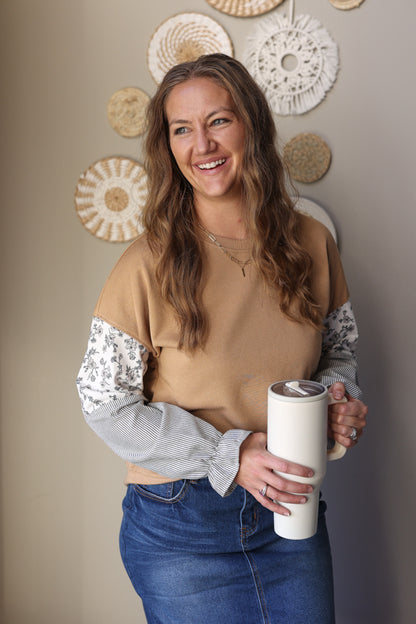 Camel Floral Striped Patchwork Ruffled Sleeve Sweatshirt