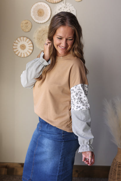 Camel Floral Striped Patchwork Ruffled Sleeve Sweatshirt