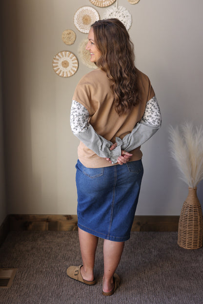 Camel Floral Striped Patchwork Ruffled Sleeve Sweatshirt