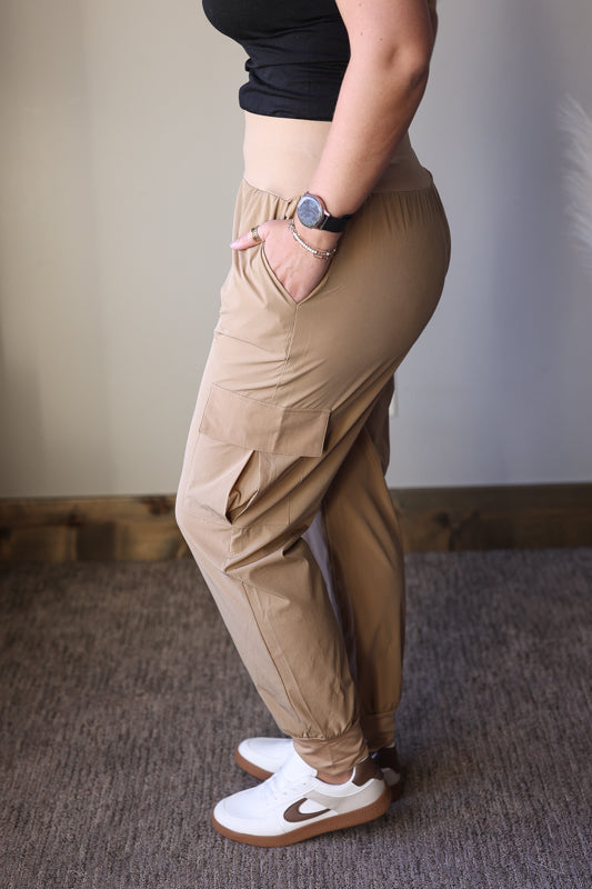Khaki High Waist Cargo Joggers