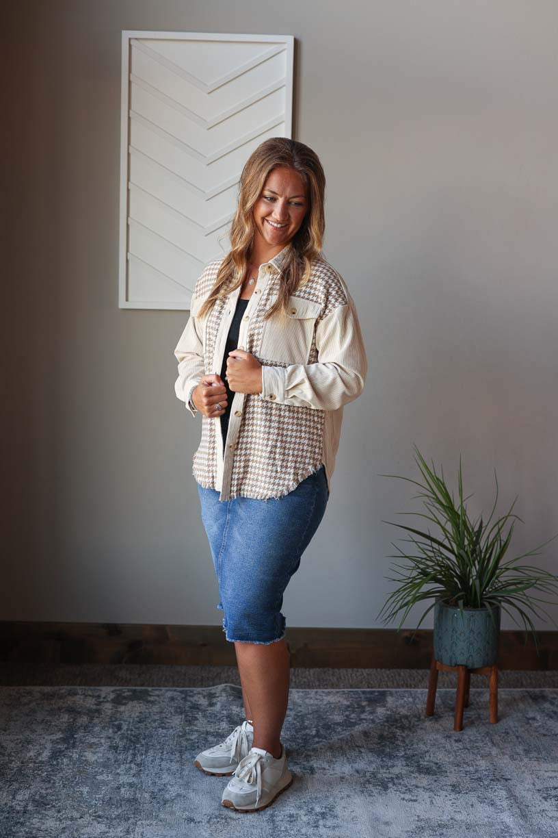 Cream Houndstooth Corduroy Patchwork Shacket, S