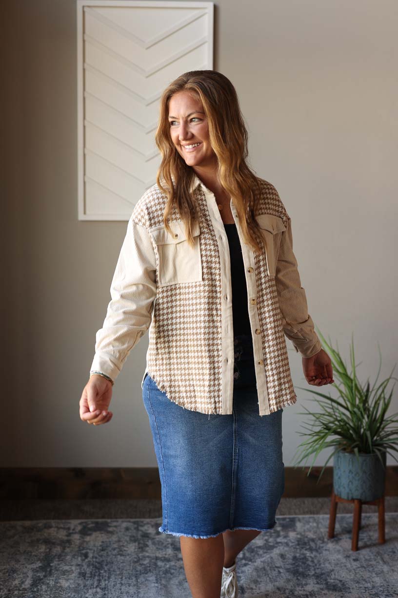 Cream Houndstooth Corduroy Patchwork Shacket, S