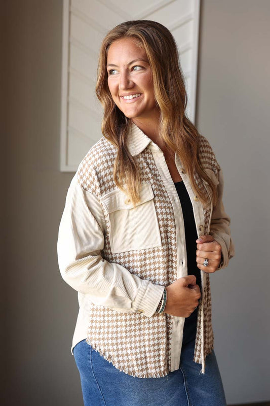 Get ready to fall in love with our Cream Houndstooth Corduroy Patchwork Shacket! Perfect for any occasion, this shacket will give you effortless style and all the fall vibes. From pumpkin patch dates to park walks, stay cozy and stylish with this must-have piece. Classy Closet online women's boutique for modest clothing outfits for cute everyday mom outfits