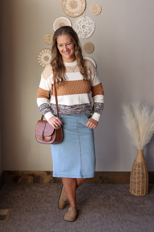 Brown Mixed Texture Stripe Sweater