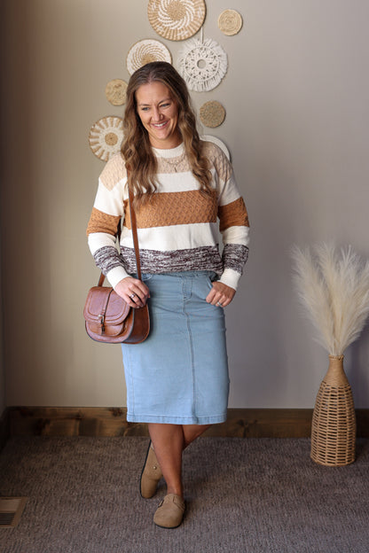 Brown Mixed Texture Stripe Sweater