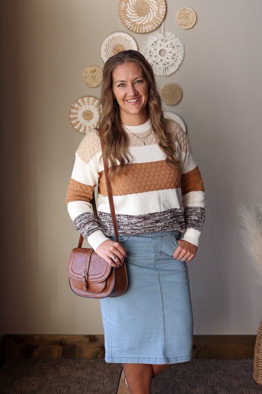 Brown Mixed Texture Stripe Sweater