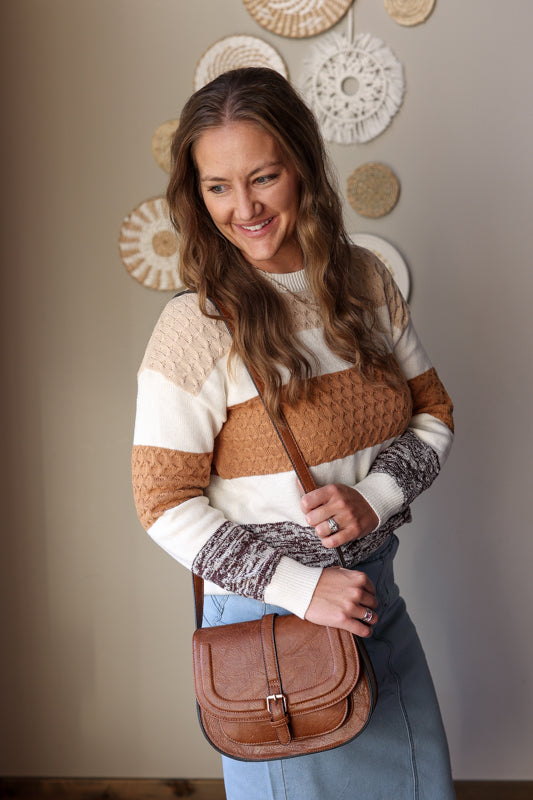 Brown Mixed Texture Stripe Sweater