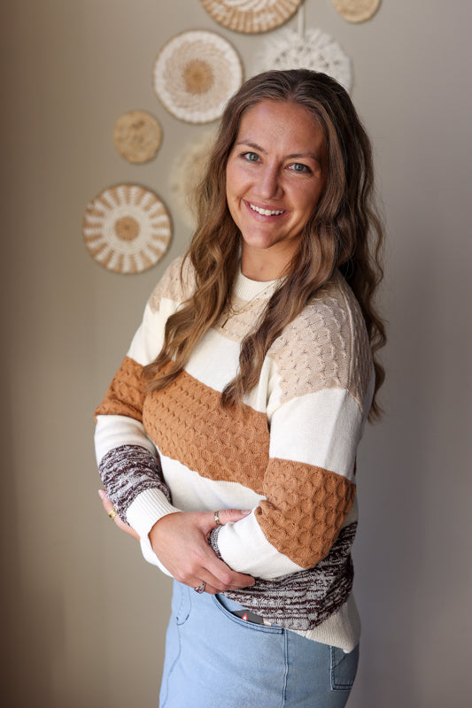 Brown Mixed Texture Stripe Sweater