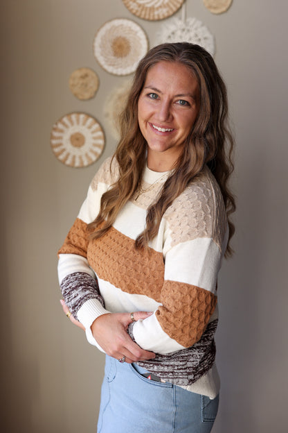 Brown Mixed Texture Stripe Sweater