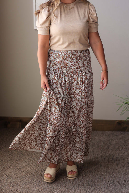 Brown Floral Ruffled Maxi Skirt