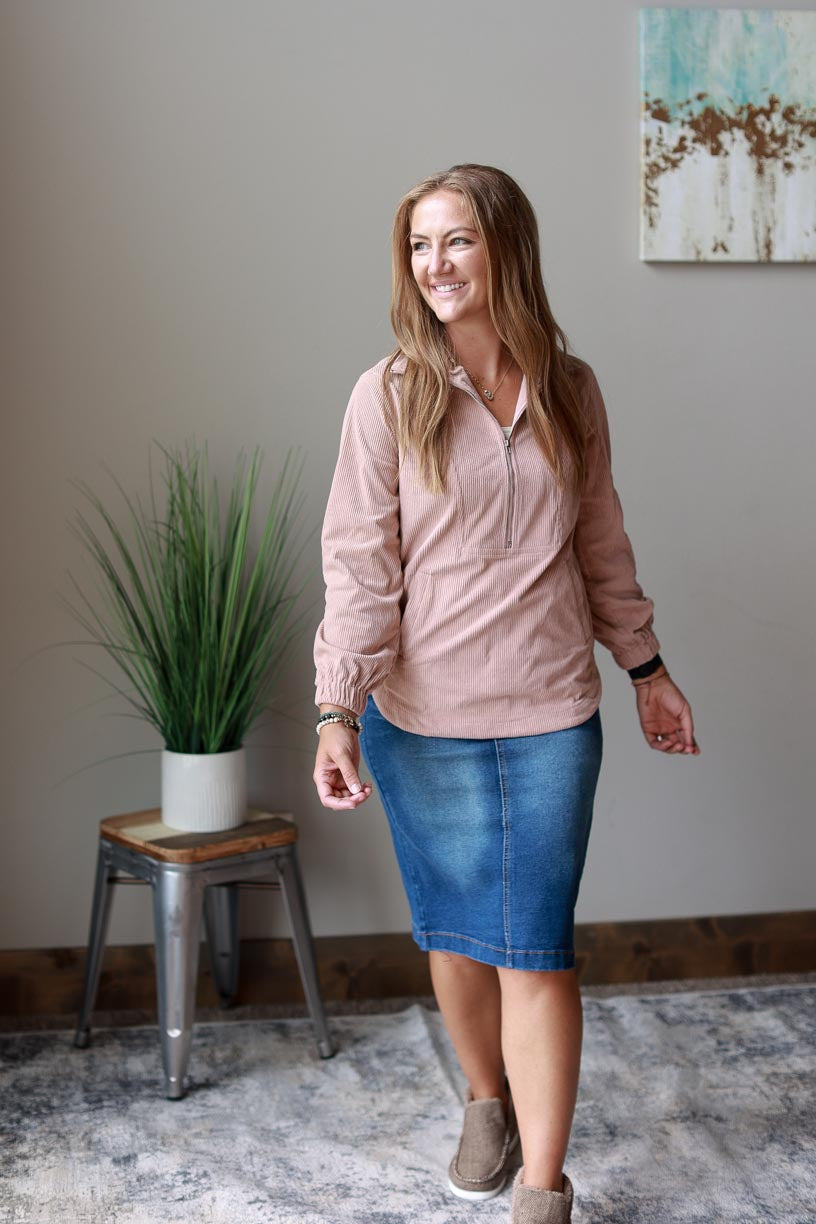 Blush Tan Corduroy Half Zip Jacket will stand out from your regular quarter zip pullovers. Its unique corduroy pattern and blush tan hue make it the perfect statement piece for any wardrobe. CLASSY CLOSET ONLINE WOMEN'S BOUTIQUE FOR MODEST FASHION NEAR ME