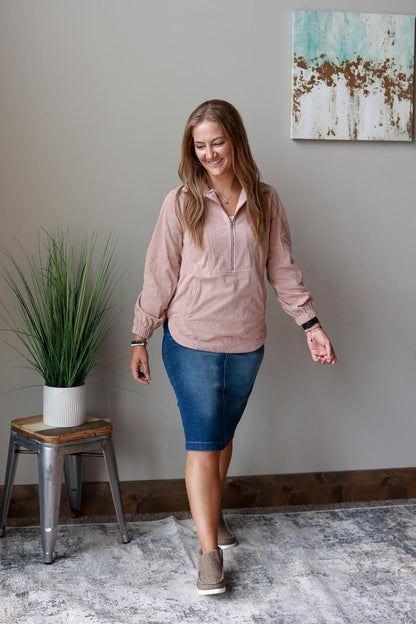 Blush Tan Corduroy Half Zip Jacket will stand out from your regular quarter zip pullovers. Its unique corduroy pattern and blush tan hue make it the perfect statement piece for any wardrobe. CLASSY CLOSET ONLINE WOMEN'S BOUTIQUE FOR MODEST FASHION NEAR ME