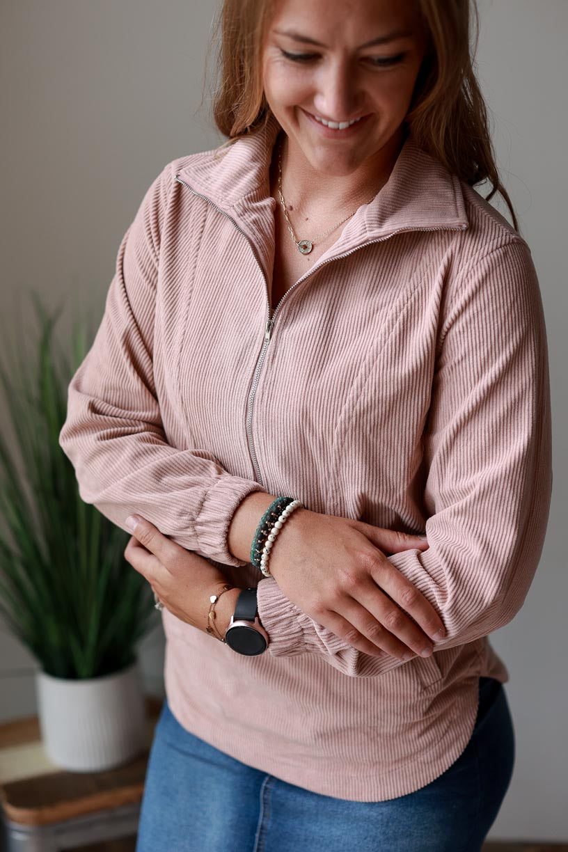 Blush Tan Corduroy Half Zip Jacket will stand out from your regular quarter zip pullovers. Its unique corduroy pattern and blush tan hue make it the perfect statement piece for any wardrobe. CLASSY CLOSET ONLINE WOMEN'S BOUTIQUE FOR MODEST FASHION NEAR ME