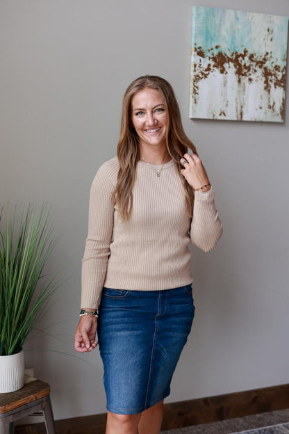 Tan Crewneck Sweater is made from a soft and stretchy material for optimum comfort. It features ribbed detailing and is a great choice for dressy-chic outfits. CLASSY CLOSET ONLINE WOMEN'S BOUTIQUE NEAR ME